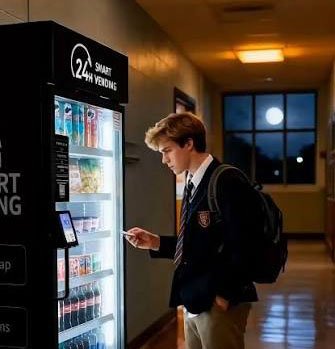 A student tapping a card to unlock a Parkway Vendors smart vending machine